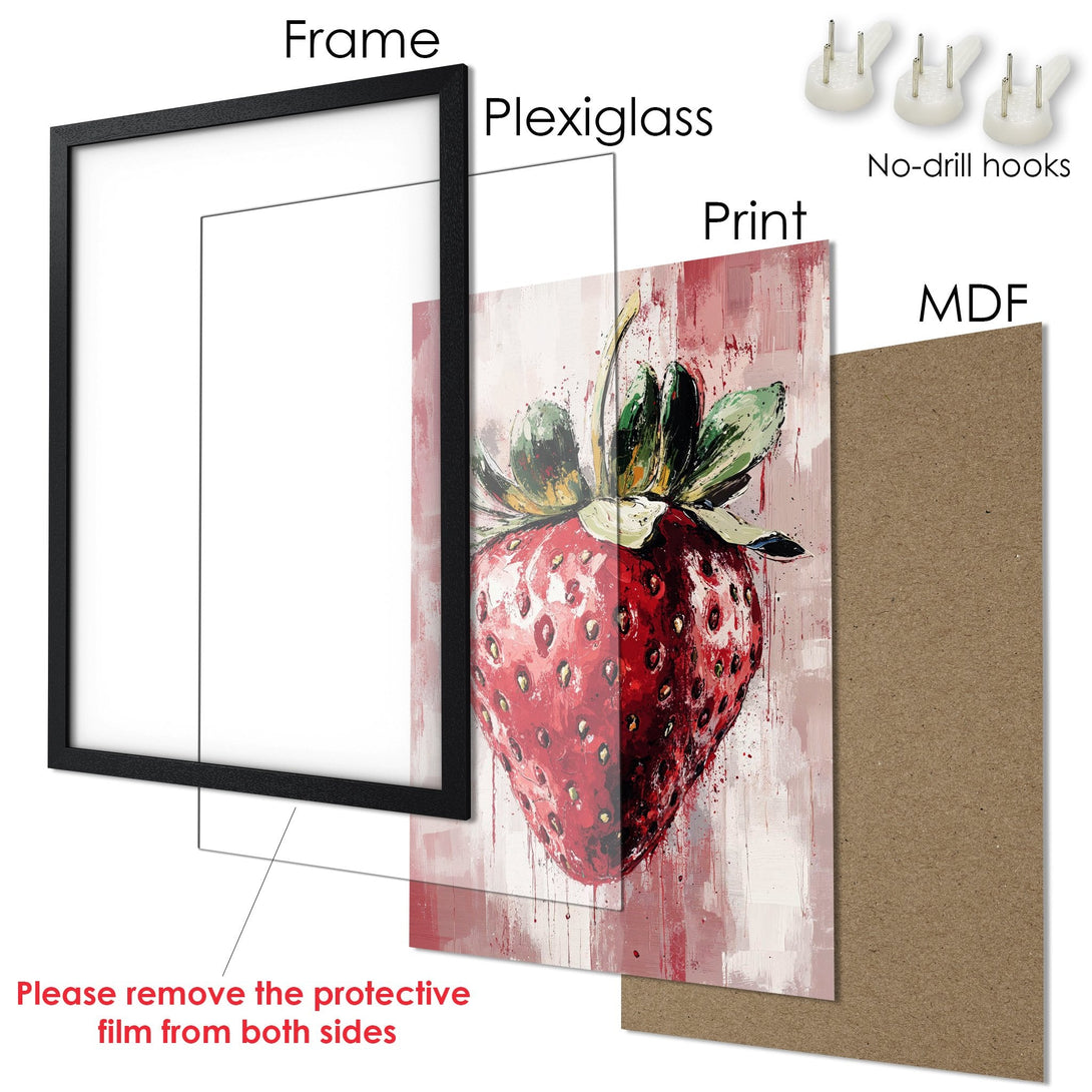 Framed Poster featuring a vibrant strawberry artwork in a modern, painterly style. Red, green, and pink color palette. Perfect wall art!