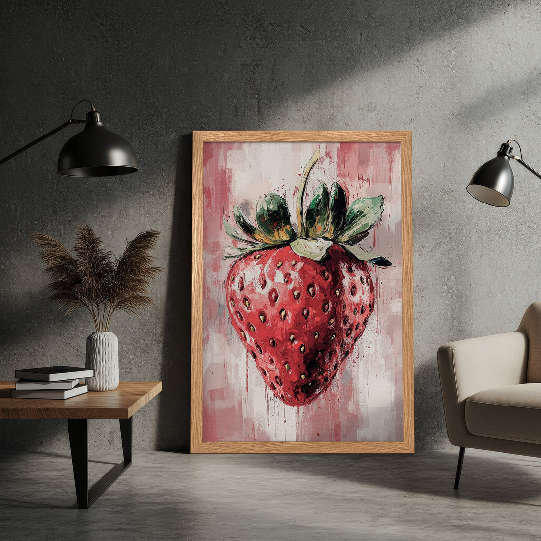 Framed Poster featuring a vibrant strawberry art print. Modern, abstract style with a red and pink color palette. Perfect wall decor!