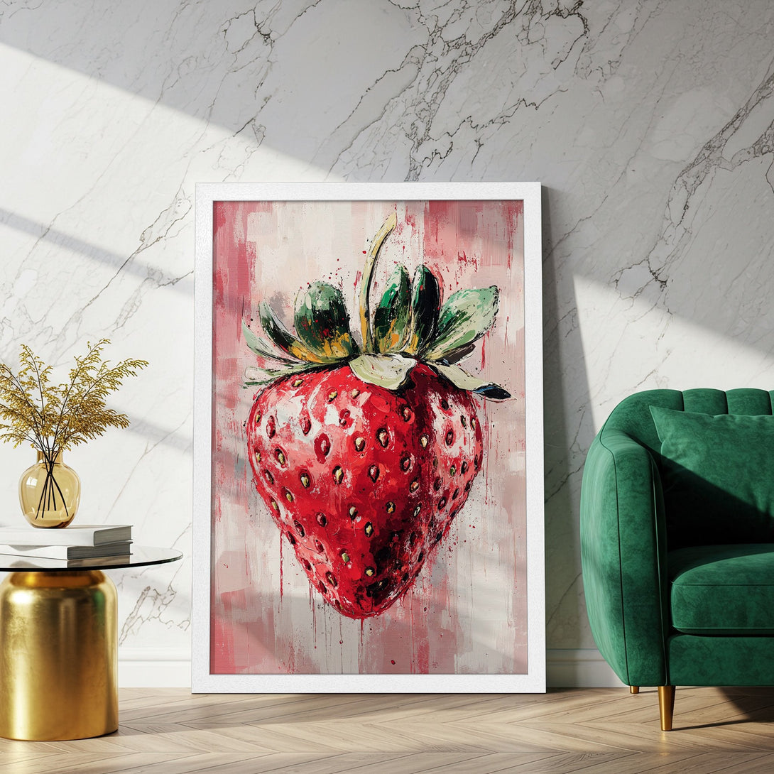 Framed Poster featuring a vibrant, watercolor-style strawberry painting. Red, pink, and green color palette, perfect for kitchen or dining decor.