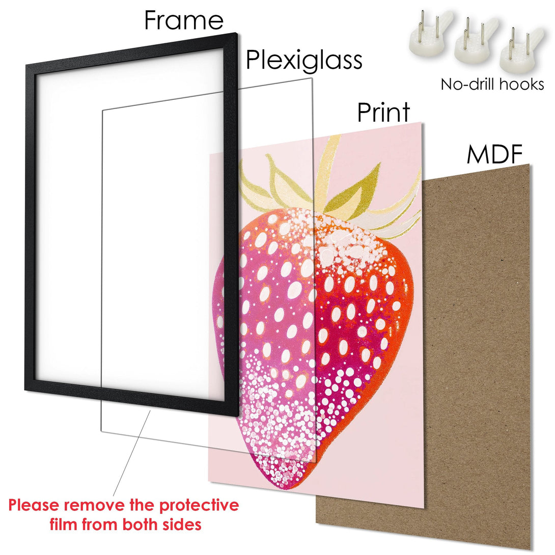 Framed Poster: Colorful strawberry art print with pink, red, and gold accents. Modern style, ready to hang!