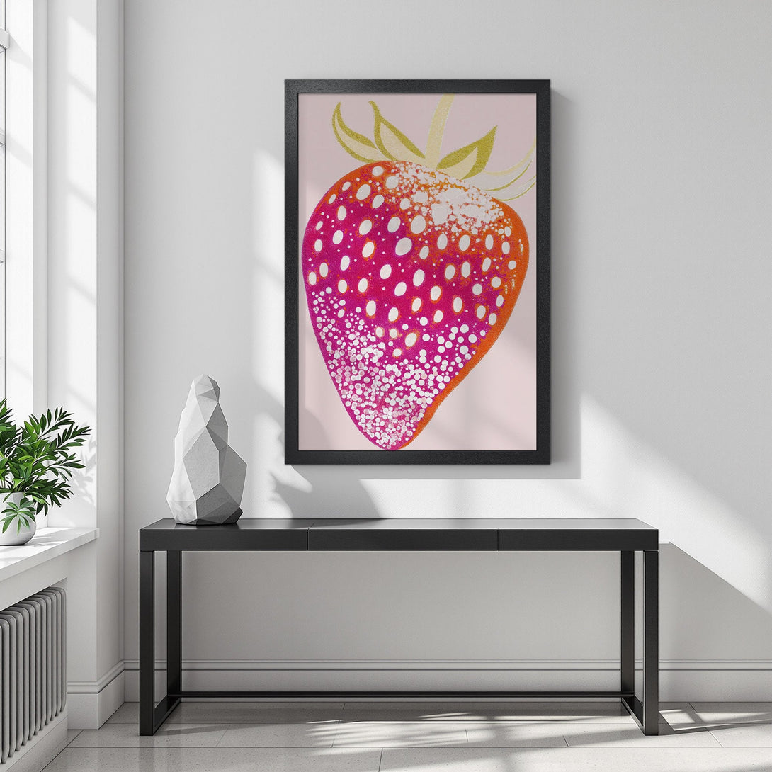 Framed Poster featuring a vibrant strawberry illustration. Modern style with pink, red, and gold color palette. Decorate your space with this art!