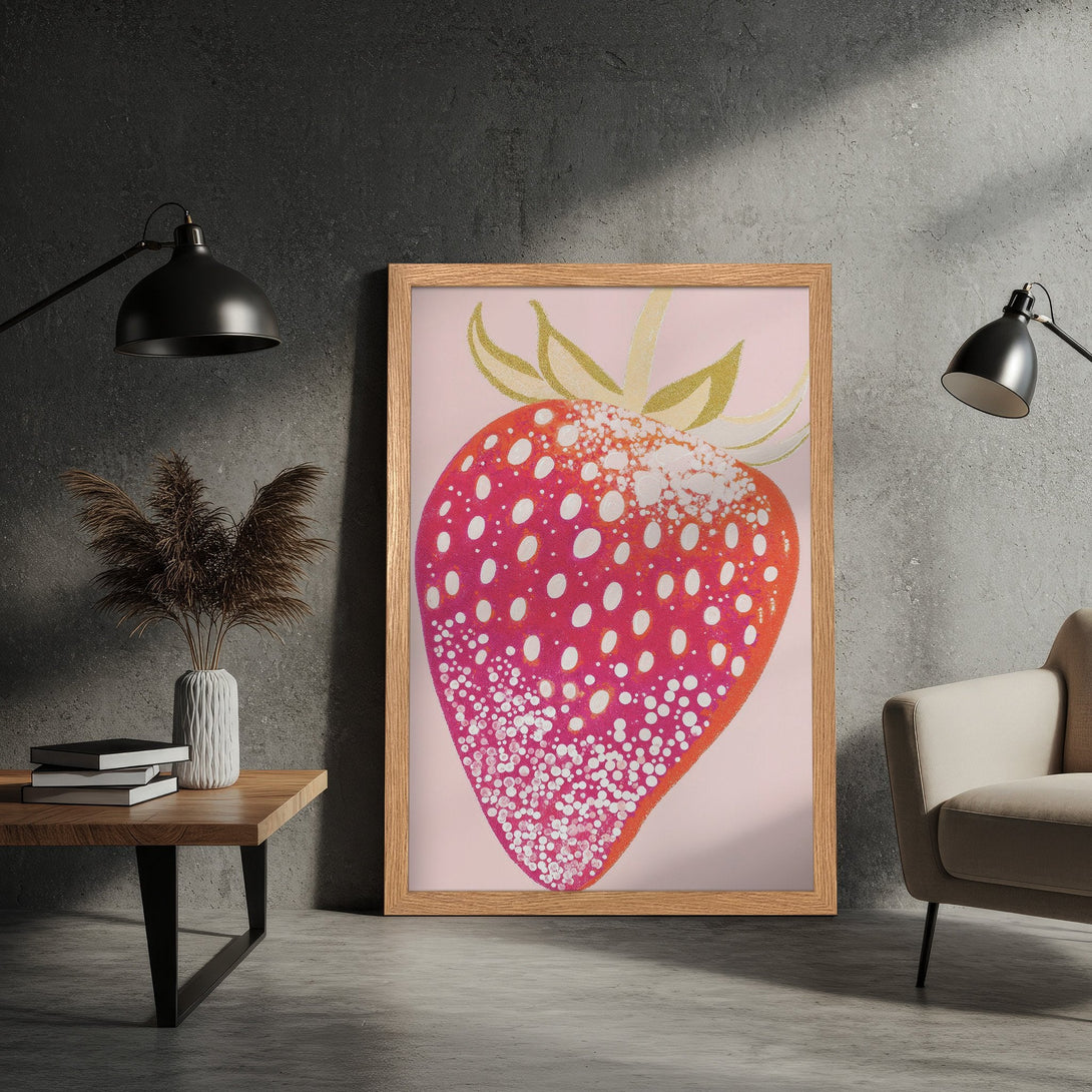 Framed Poster featuring a vibrant strawberry illustration. Modern style with a pink, red, and gold color palette. Perfect wall art for your home!