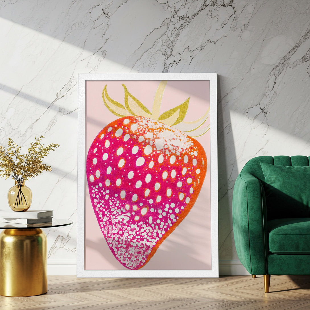 Framed Poster featuring a vibrant strawberry illustration in a pop art style. Pink, orange, and gold color palette. Add a splash of color!