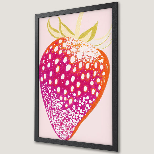 Framed Poster featuring a vibrant strawberry illustration in a modern style with pink, orange, and white hues. Perfect wall art!
