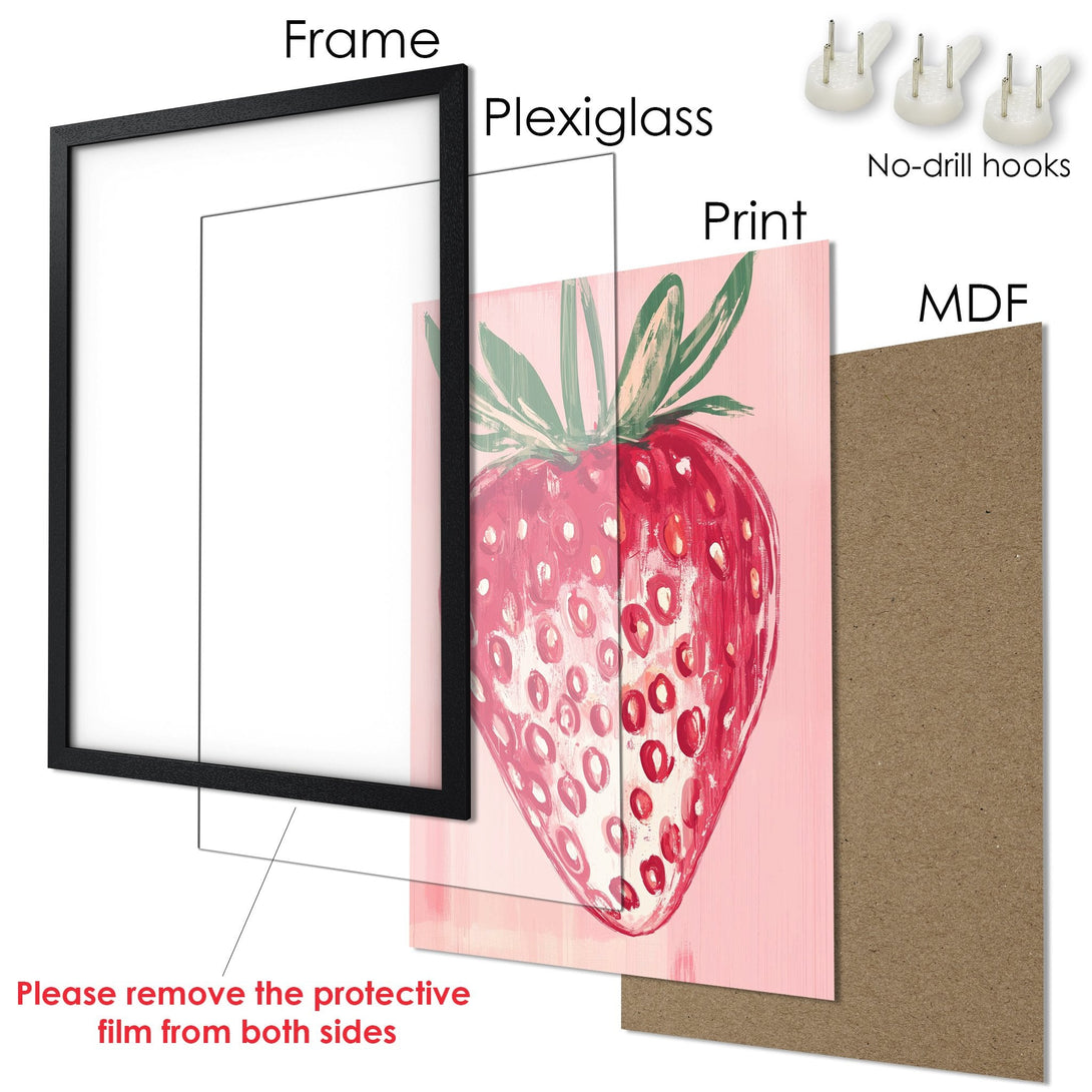 Framed Poster featuring a vibrant strawberry artwork in a modern, pink and red color palette. Perfect for kitchen decor!