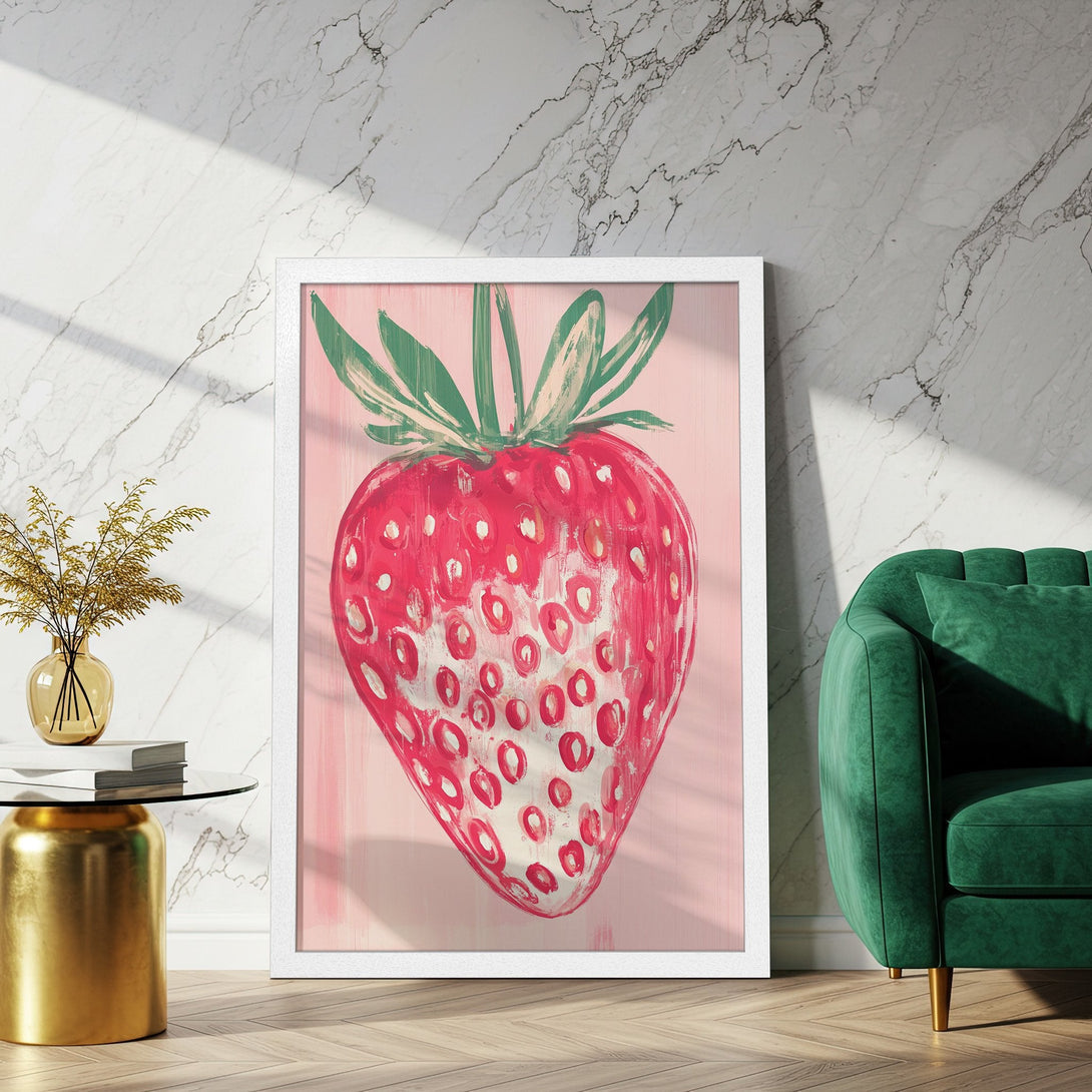 Framed Poster featuring a vibrant strawberry painting. Modern style with a pink, red, and green color palette. Perfect wall art!