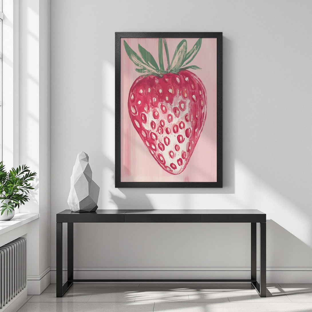 Framed Poster featuring a vibrant strawberry in a painterly style with a pink and red color palette. Perfect for kitchen decor!