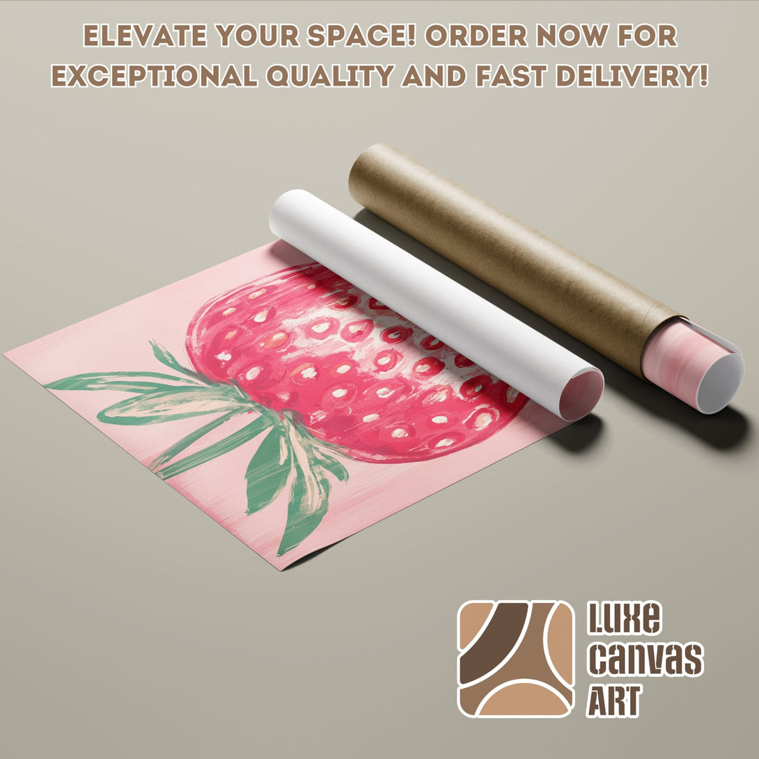 Abstract strawberry Poster Roll art, pink & green color palette. Elevate your space!