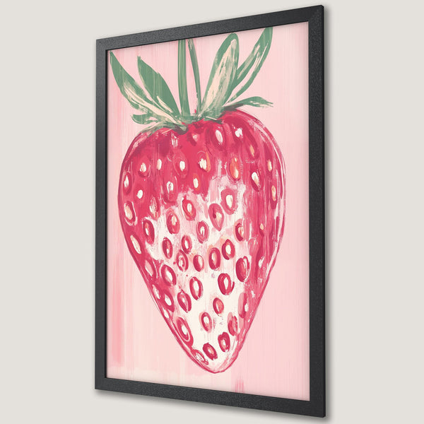 Framed Poster featuring a vibrant strawberry painting in a bold, painterly style with a pink and red color palette, perfect wall art.