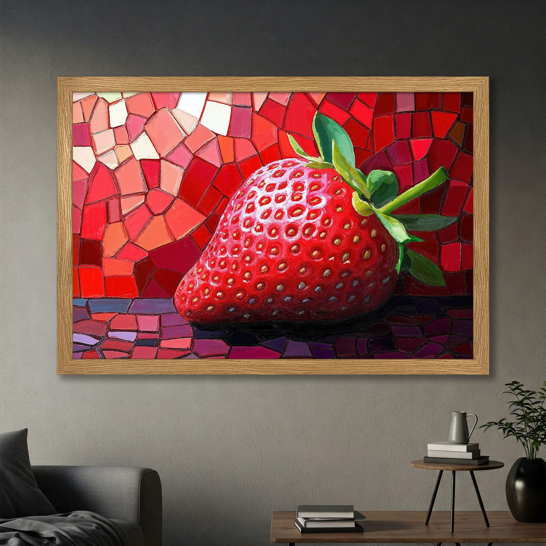 Framed Poster featuring a vibrant strawberry in a mosaic style, showcasing a rich red color palette. Perfect for kitchen decor!