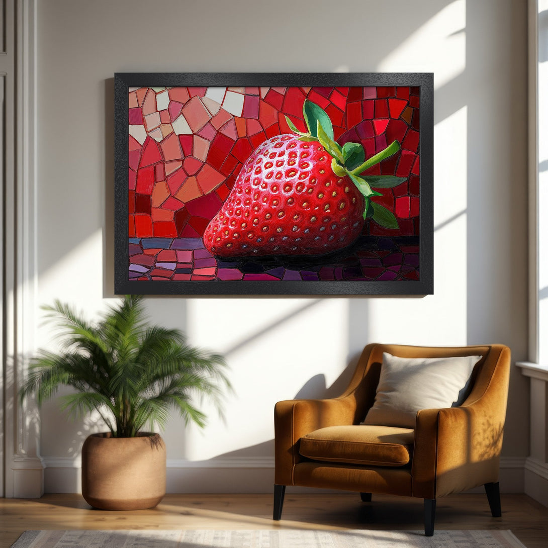 Framed Poster featuring a vibrant strawberry mosaic art print. Red color palette, perfect for kitchen or dining decor.