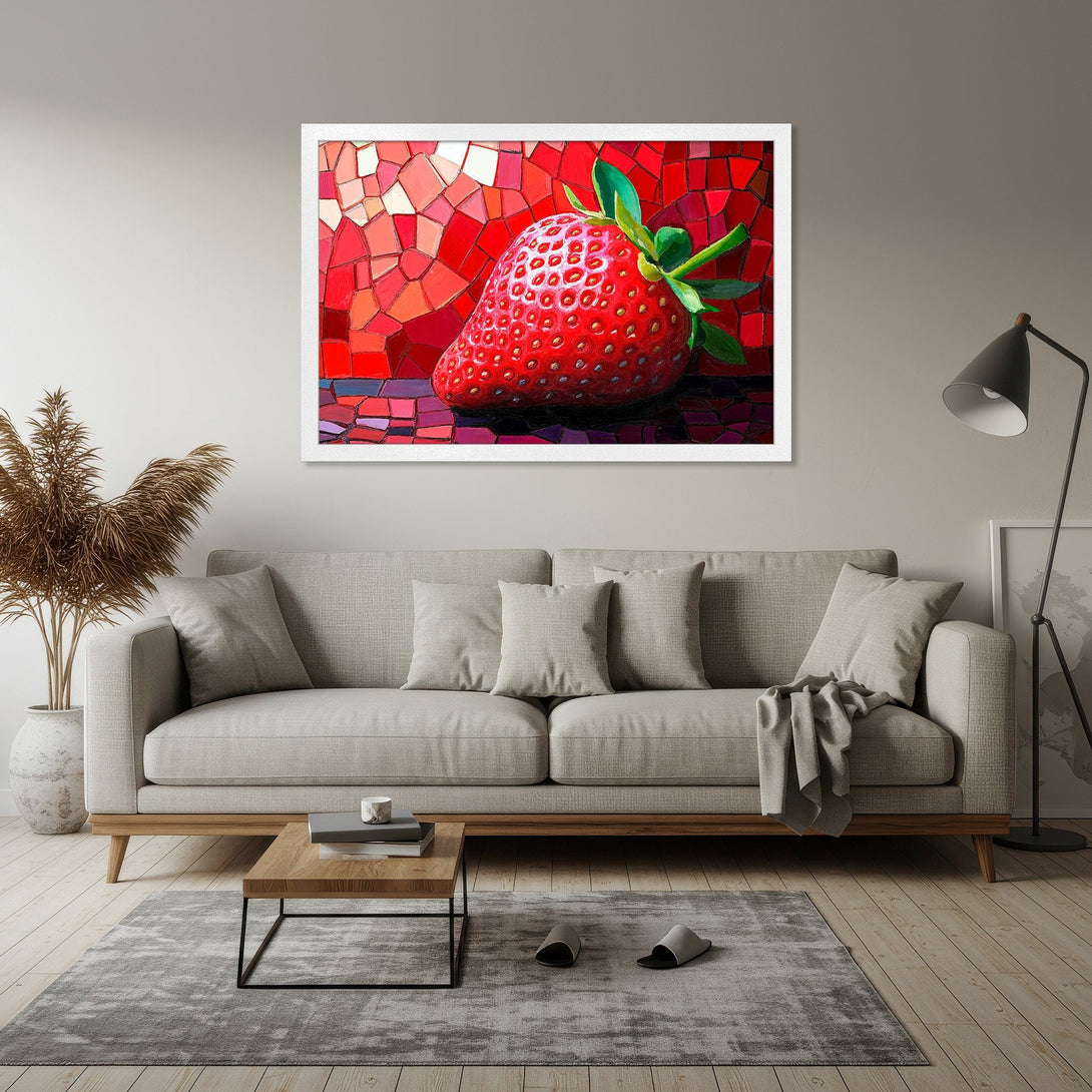 Framed Poster of a vibrant strawberry, mosaic style art. Bold red color palette, perfect for kitchen or dining room decor.