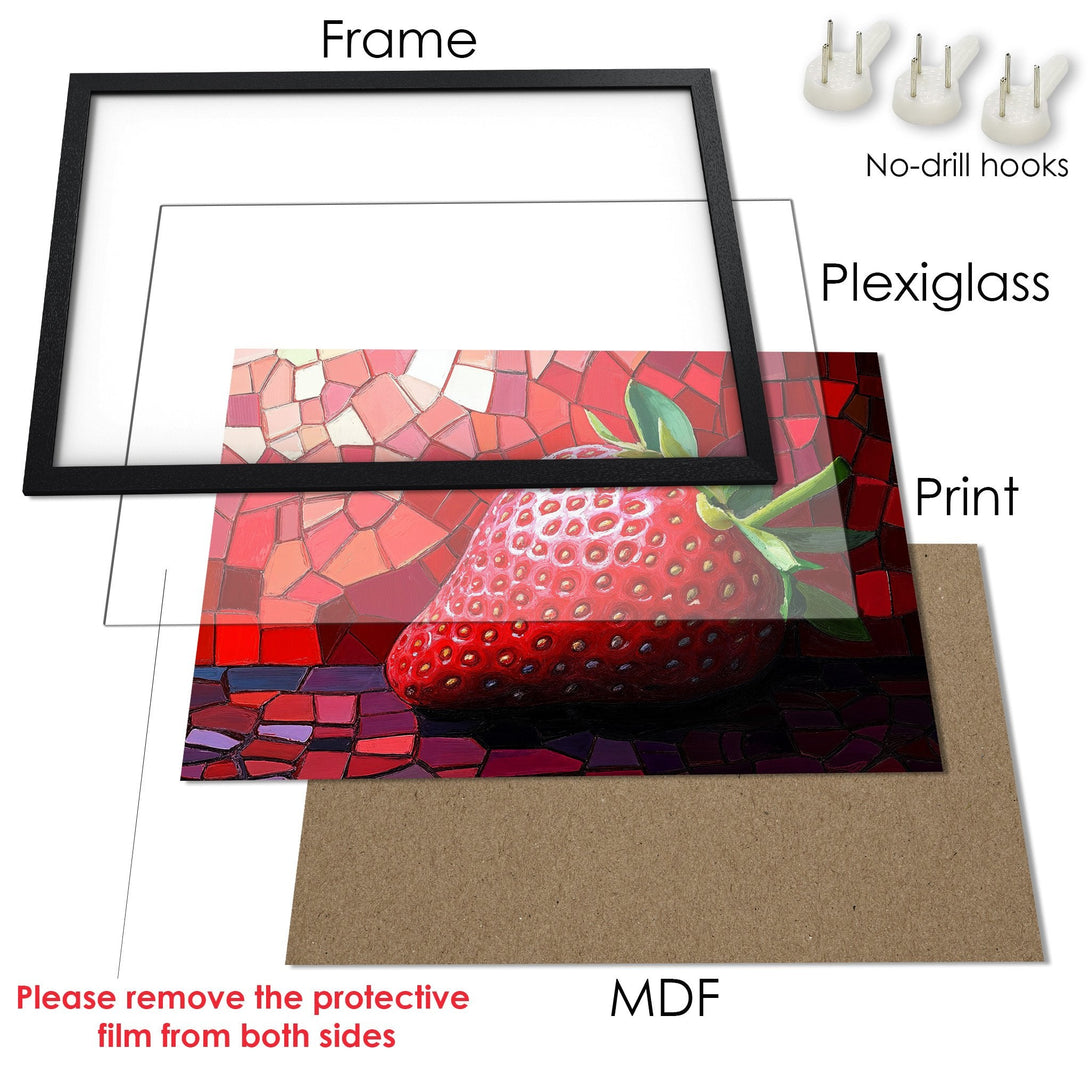 Framed Poster of a vibrant strawberry in a mosaic style, rich red color palette. Perfect art for your kitchen!