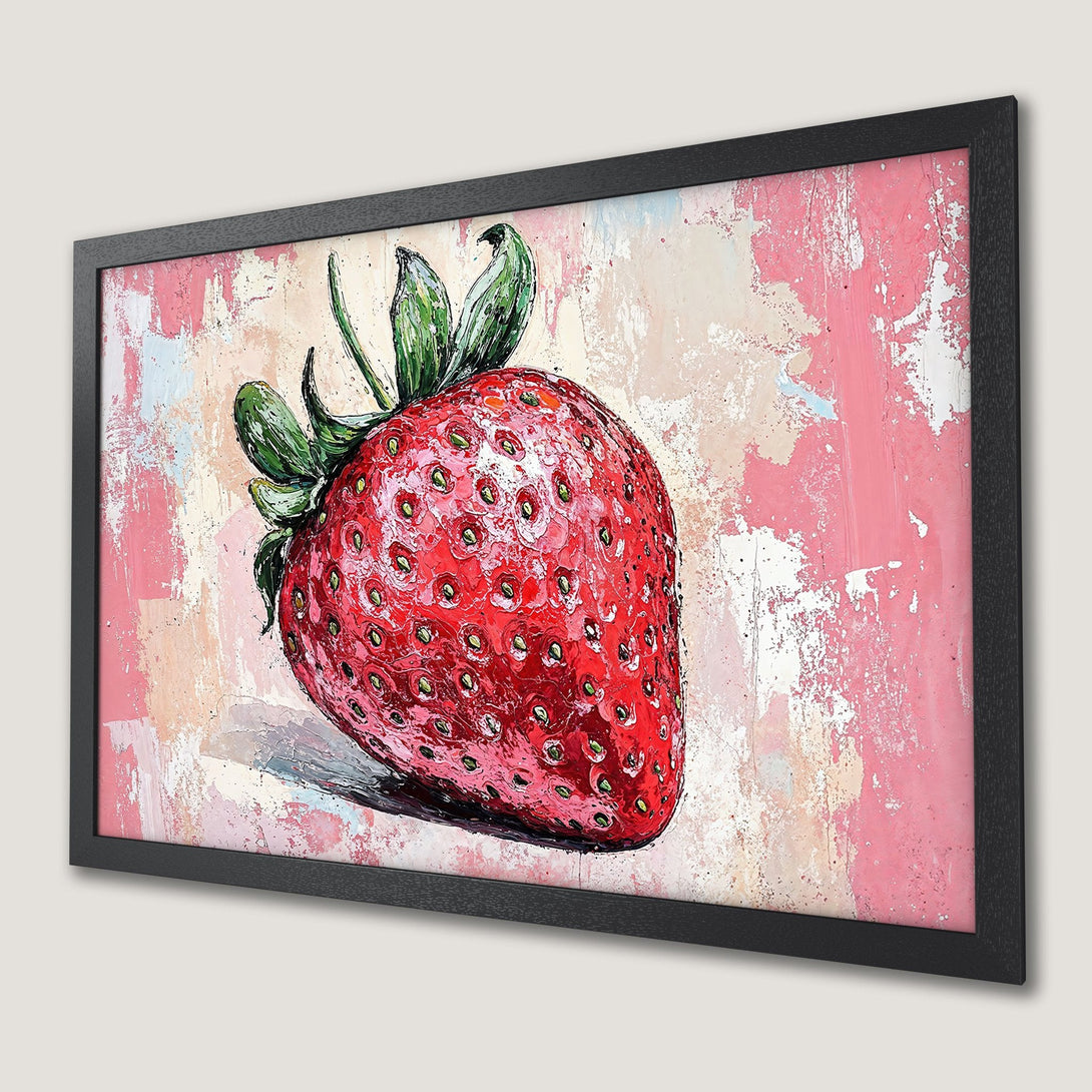 Framed Poster of a vibrant strawberry painting. Modern art style with a pink and red color palette. Perfect wall decor.