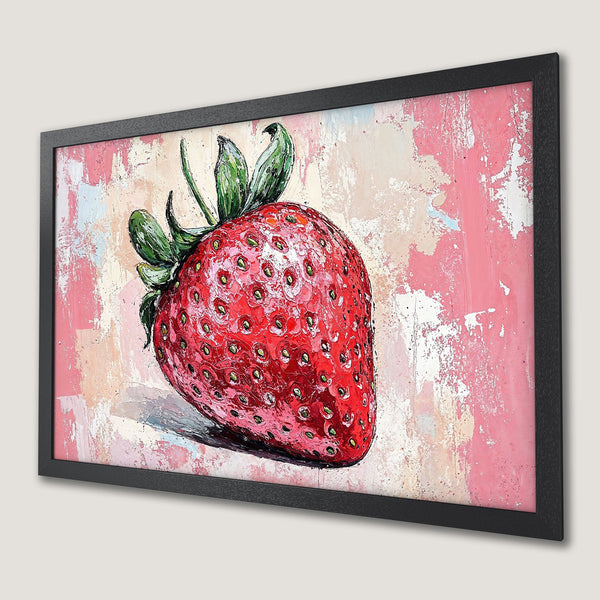 Framed Poster of a vibrant strawberry painting. Modern art style with a pink and red color palette. Perfect wall decor.