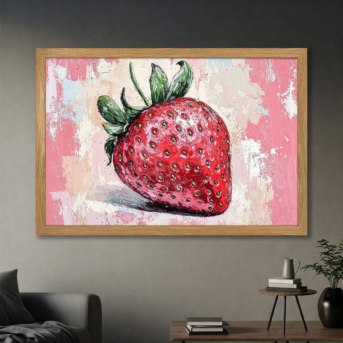 Framed Poster featuring a vibrant strawberry painting in a modern, textured style with a pink and red color palette. Perfect kitchen decor!