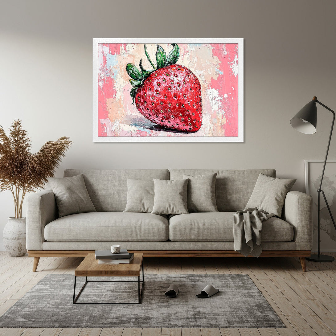 Framed Poster of a vibrant strawberry in an abstract style with a pink and red color palette. Perfect for kitchen decor!