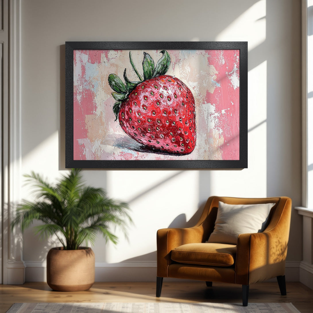 Framed Poster of a vibrant strawberry painting in a modern style, featuring a red and pink color palette. Perfect wall art!