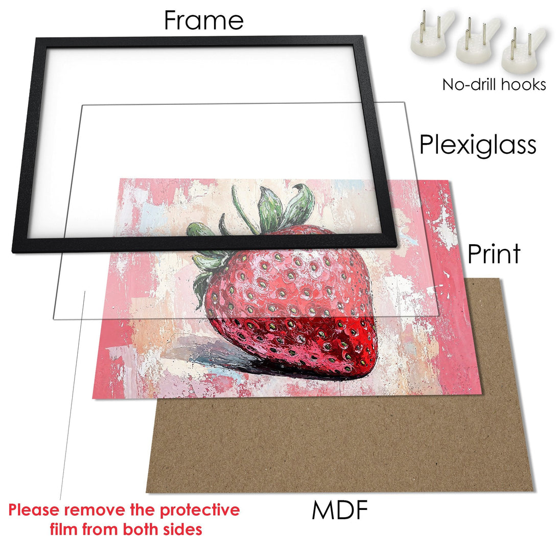 Framed Poster featuring a vibrant strawberry artwork in a painterly style with a pink and red color palette. Perfect for kitchen decor!