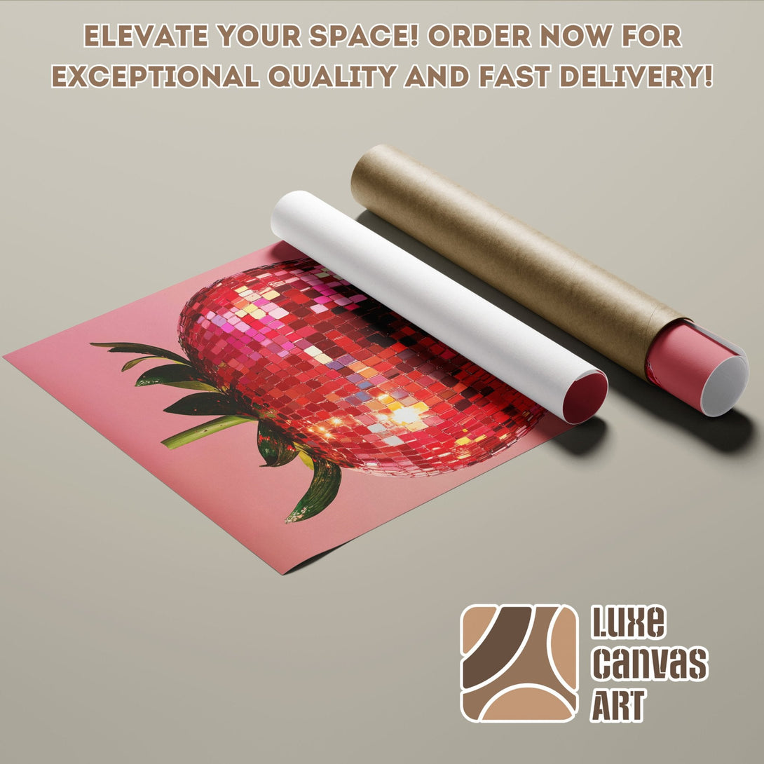 Poster Roll featuring a disco ball strawberry art print in pink and red tones. Elevate your space!