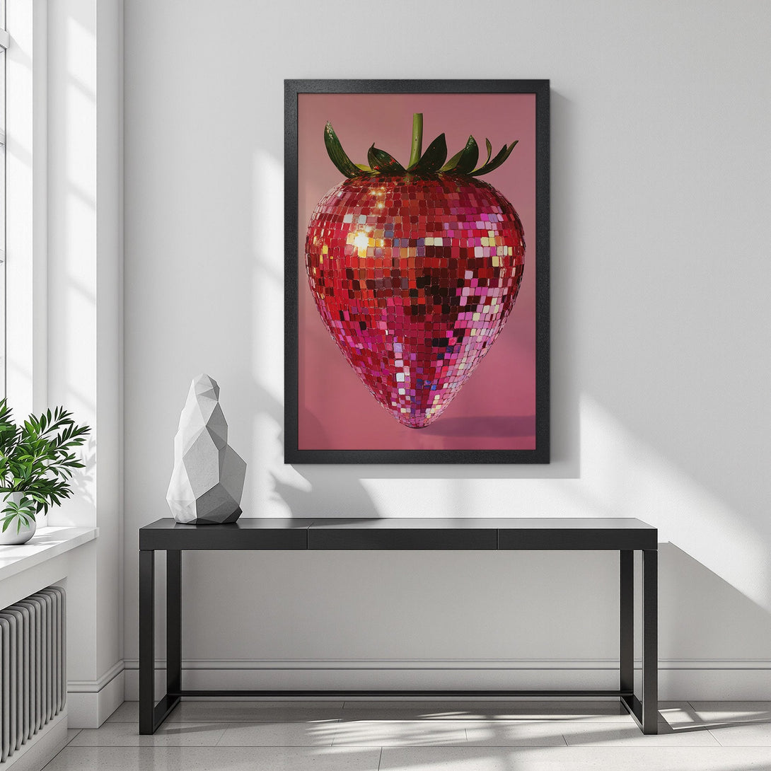 Framed Poster of a disco ball strawberry. Modern art style, red and pink color palette. Add a touch of fun to your space!