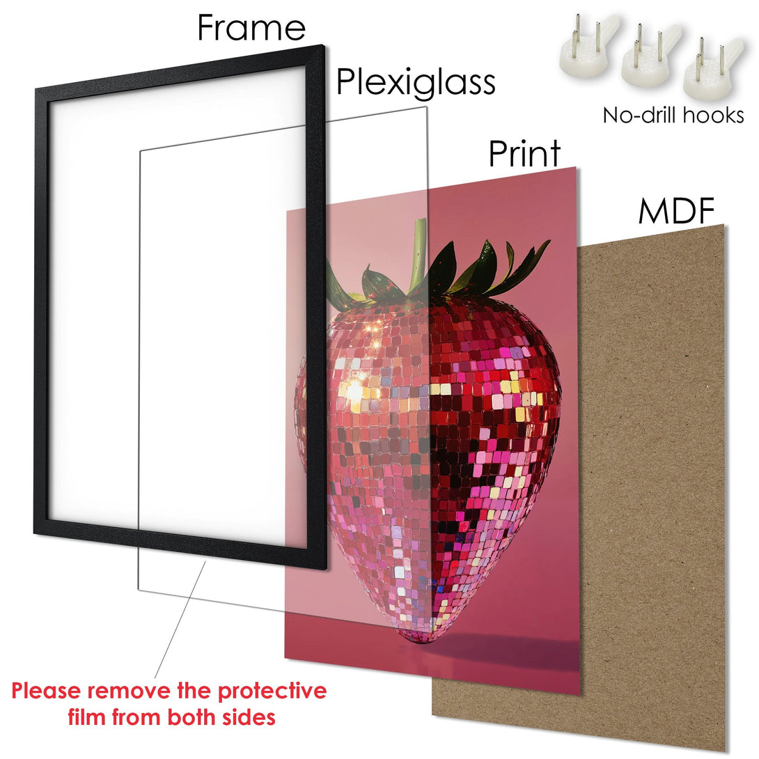 Framed Poster featuring a disco ball strawberry, vibrant pink and red color palette, modern art. Add a pop of fun to your space!