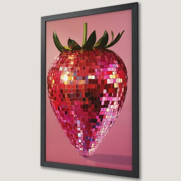 Framed Poster featuring a disco ball strawberry in a vibrant red and pink color palette. Modern art for your wall!