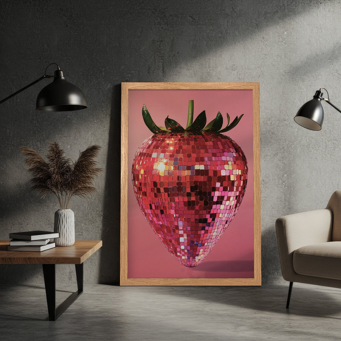 Framed Poster featuring a disco ball strawberry. Modern art style with a pink and red color palette, perfect for a stylish home.