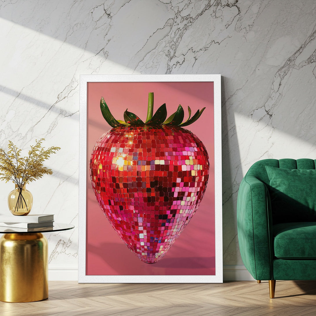 Framed Poster featuring a disco ball strawberry. Modern style, vibrant red & pink palette, perfect wall art for a pop of fun!