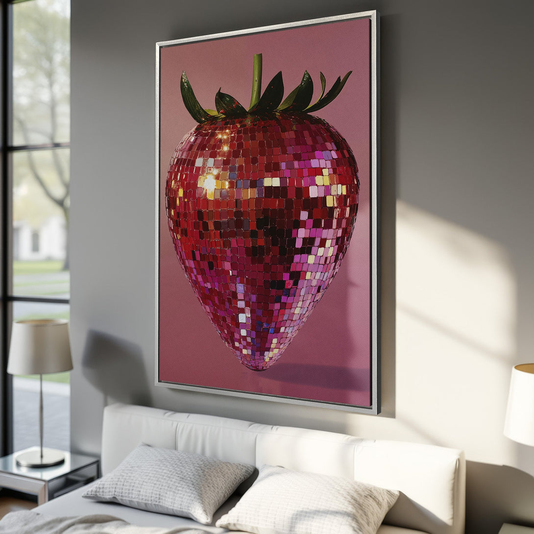 Framed Wall Art: Disco Strawberry Canvas Print. Modern pop art style with a vibrant red and pink color palette, perfect for adding a playful touch to your decor.