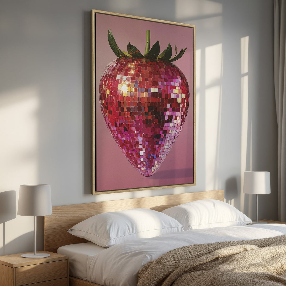 Framed Wall Art: Disco Strawberry Canvas Print. Modern art with a vibrant red and pink color palette. Perfect bedroom decor.