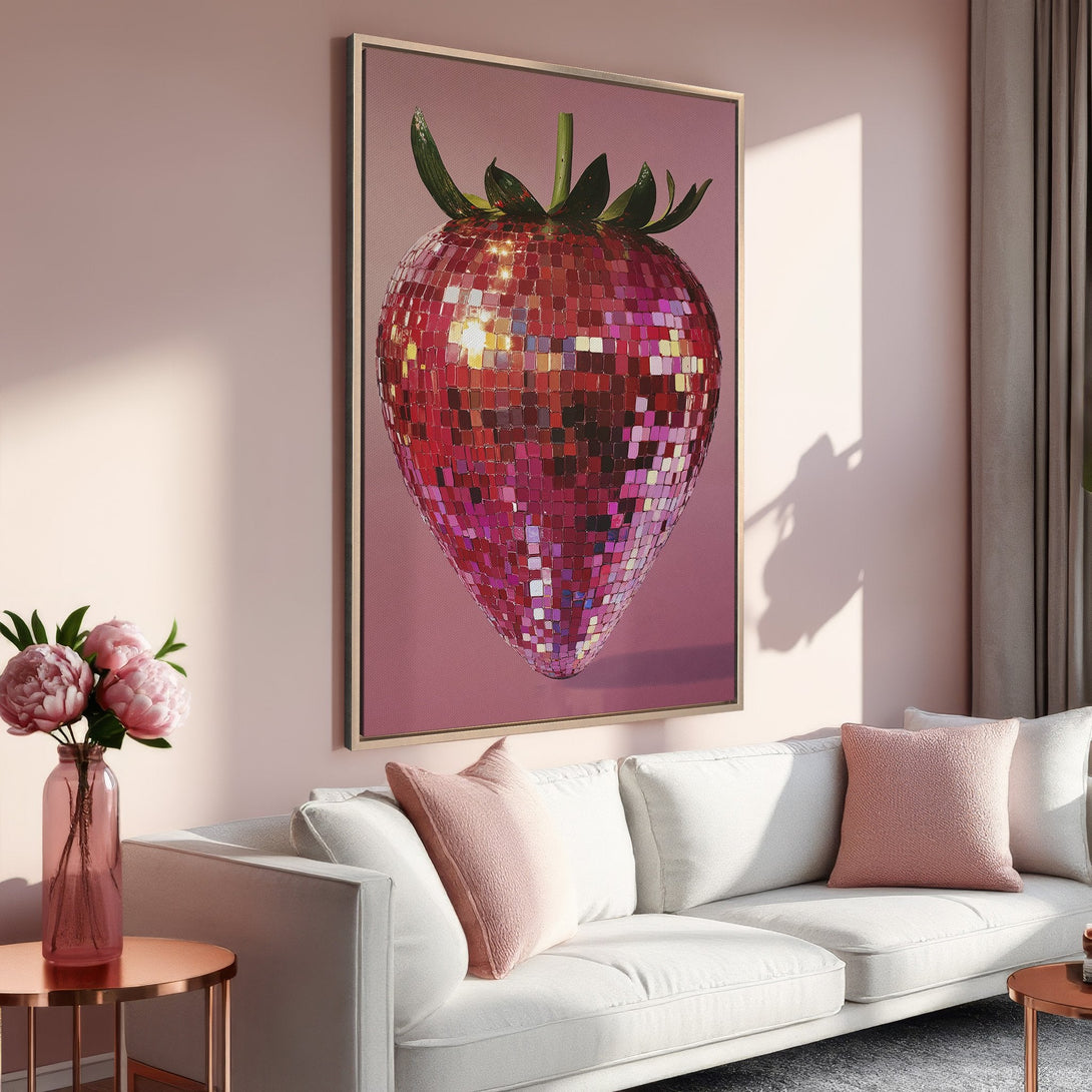 Framed Wall Art: Disco ball strawberry in a pink interior. Modern Canvas Print with a vibrant red and pink color palette, perfect for a stylish home.
