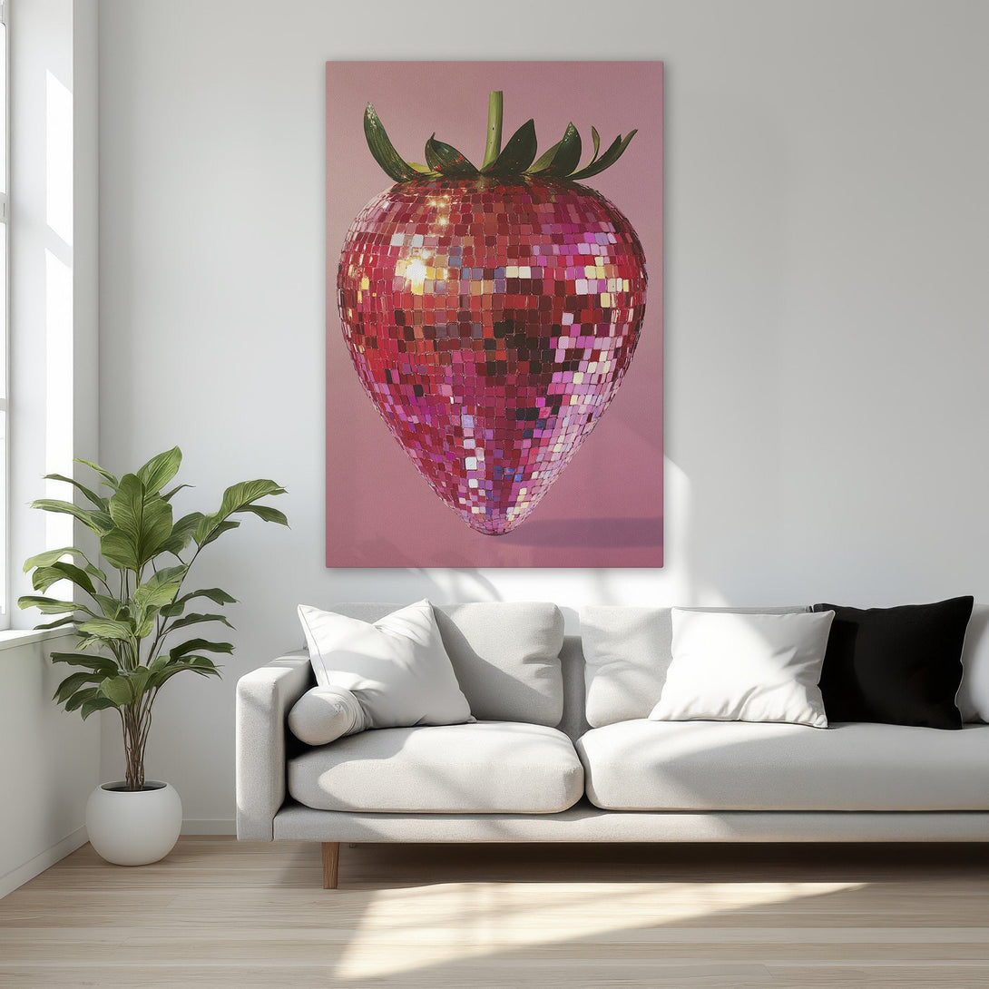 Framed Wall Art: Disco ball strawberry canvas print in a bedroom, featuring a pink and red color palette. Add a pop of fun to your space!