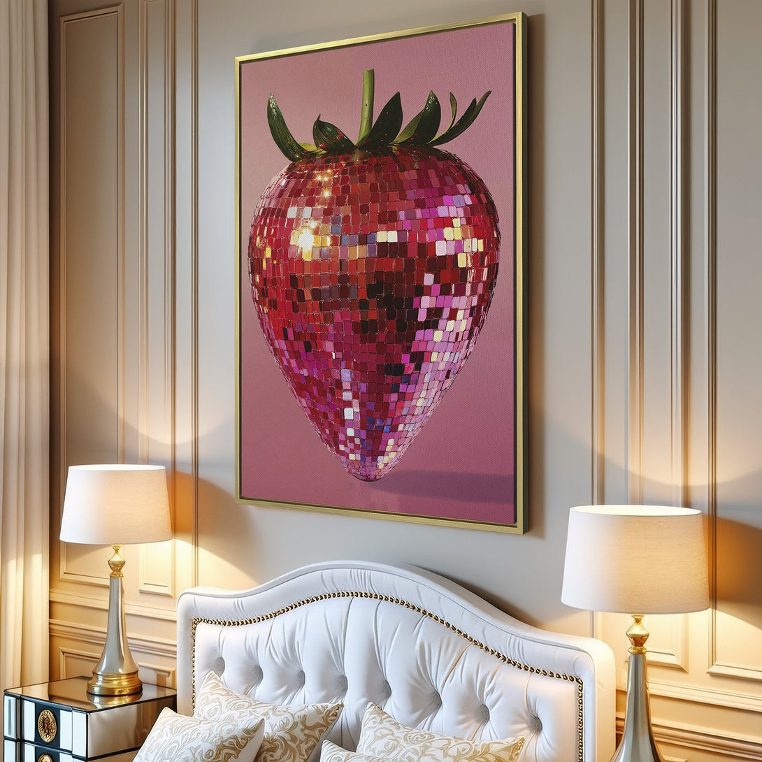 Canvas Print of a disco ball strawberry in a pink and red color palette. Modern wall art for a stylish interior.