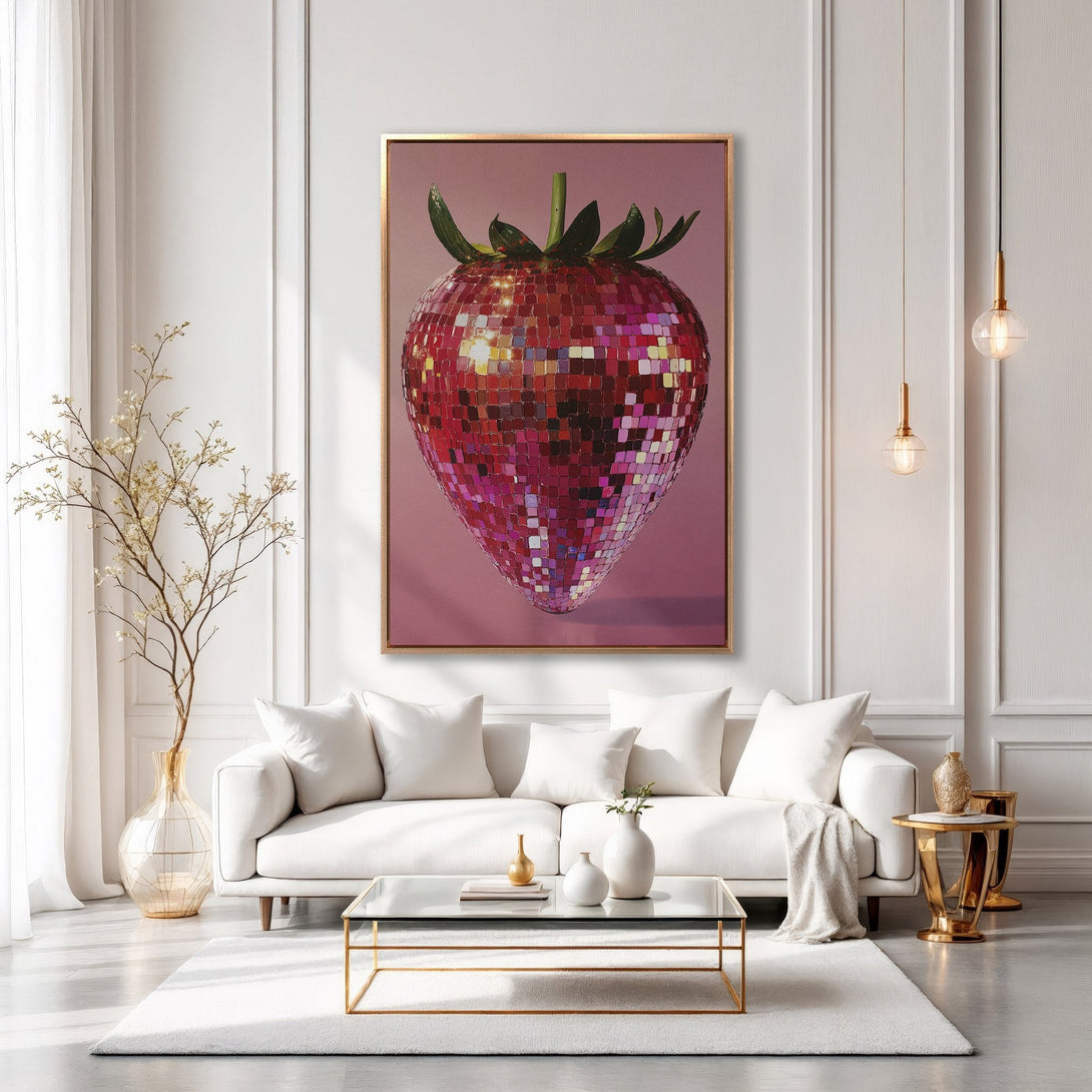 Framed Wall Art: Disco ball strawberry art in a modern interior. Pink and gold color palette, adds a touch of fun and glamour to any space.