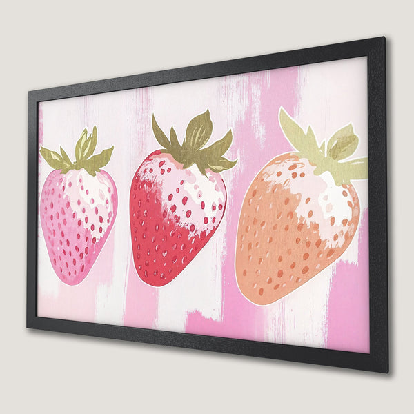 Framed Poster featuring vibrant strawberry art in pink, red, and peach tones, perfect for kitchen or dining decor.