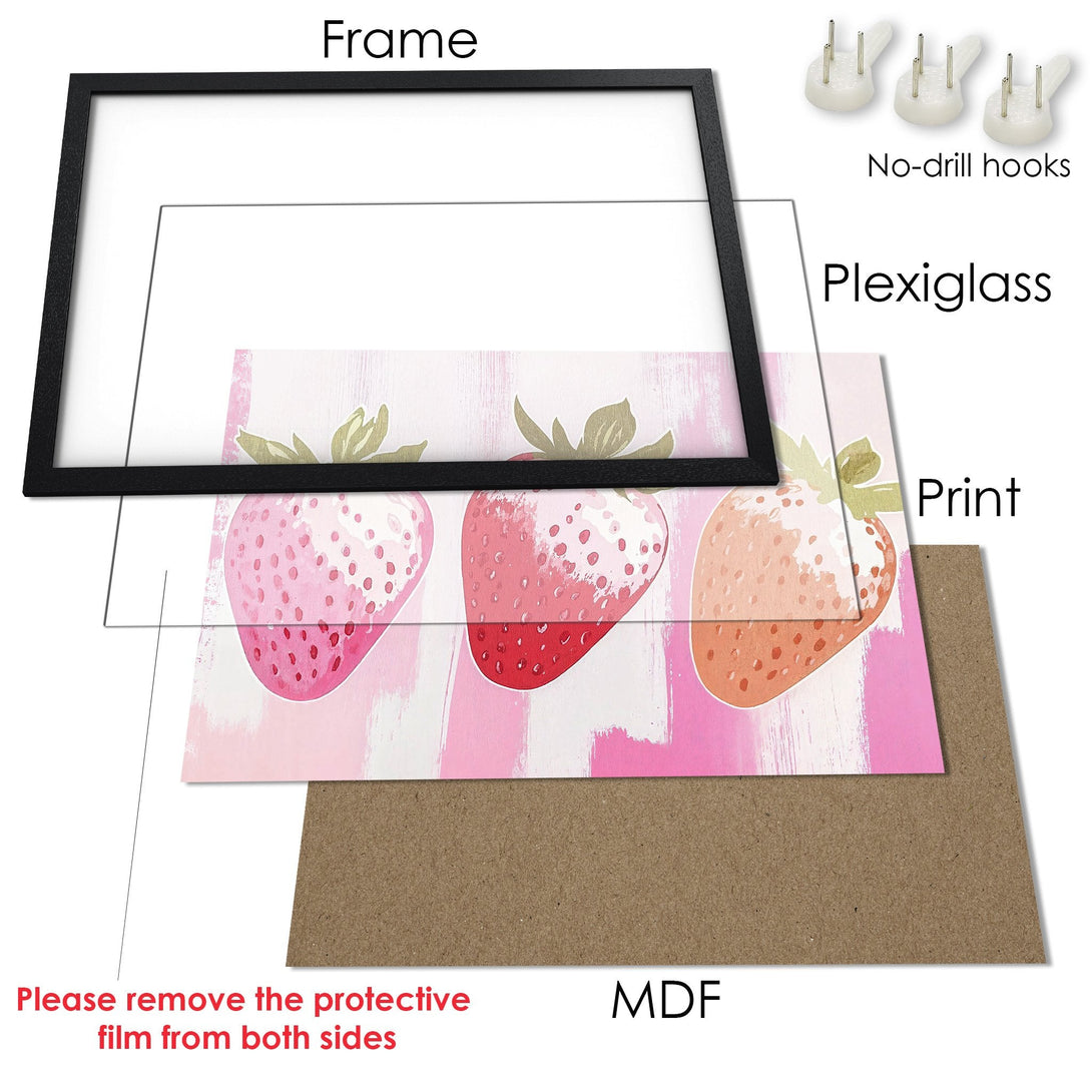 Framed Poster featuring watercolor strawberries in pinks and greens. Perfect wall art for kitchen or dining room.