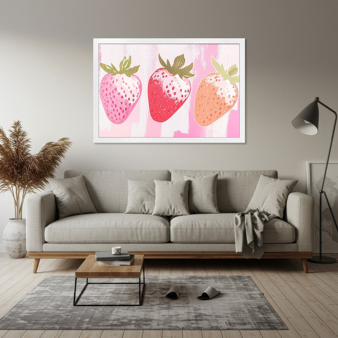 Framed Poster featuring vibrant strawberry art in pink and red hues, perfect for kitchen or dining room decor. Modern style.