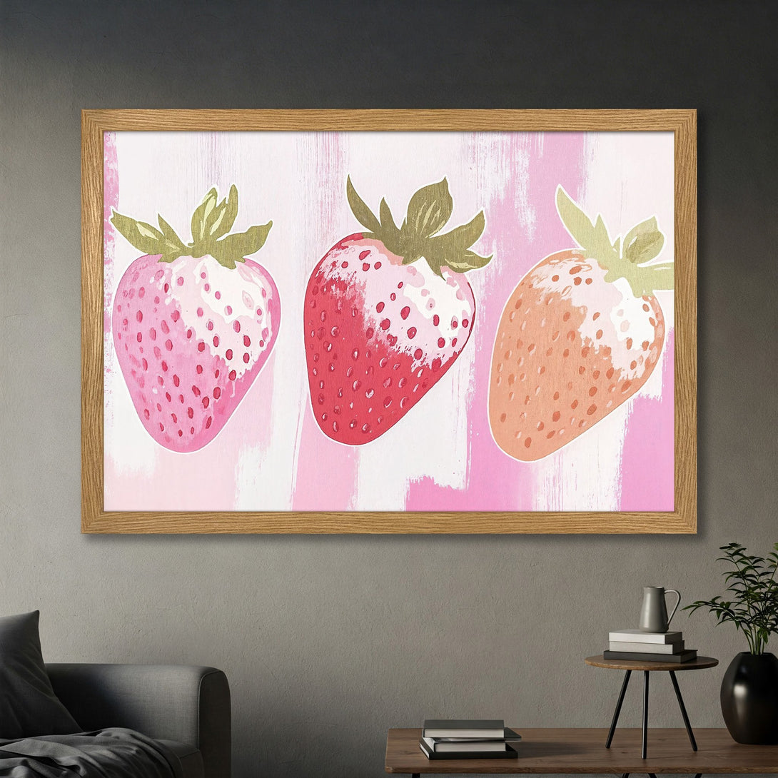 Framed Poster featuring vibrant strawberry art in a modern, pink and red color palette. Perfect for kitchen decor!