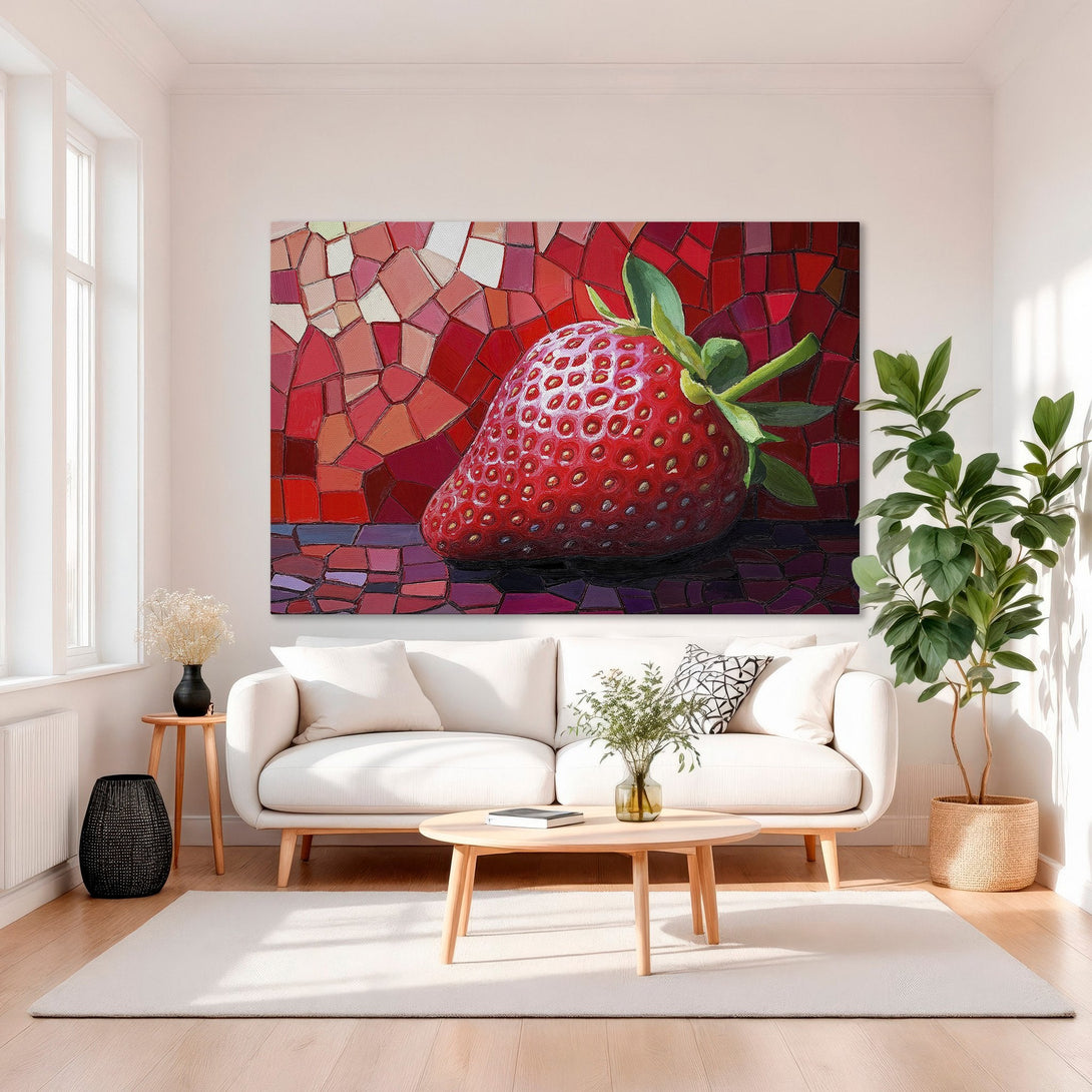 Framed Wall Art: Vibrant strawberry mosaic canvas print. Bold red color palette adds modern art to any interior. Shop now for unique wall decor!