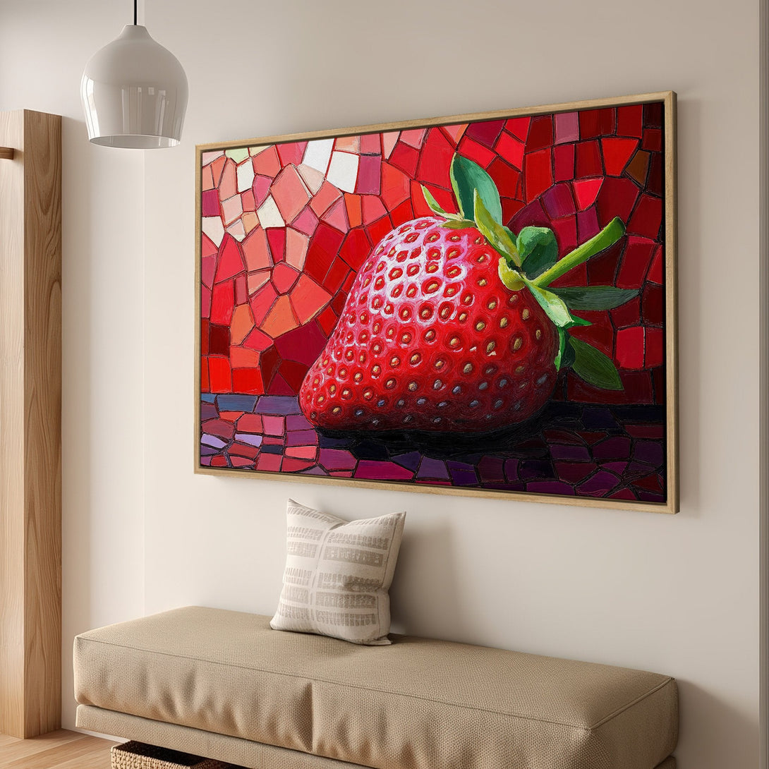 Framed Wall Art: Vibrant strawberry mosaic print in a modern interior. Bold red and green color palette adds a pop of art to any space. Shop now!
