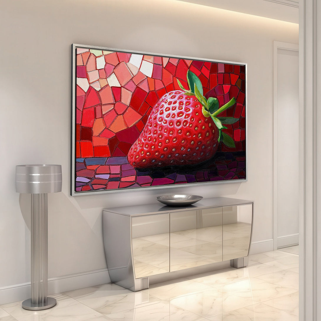 Framed Wall Art: Vibrant mosaic strawberry art in a modern interior. Red, pink, and green color palette. Perfect for kitchen or dining room decor.