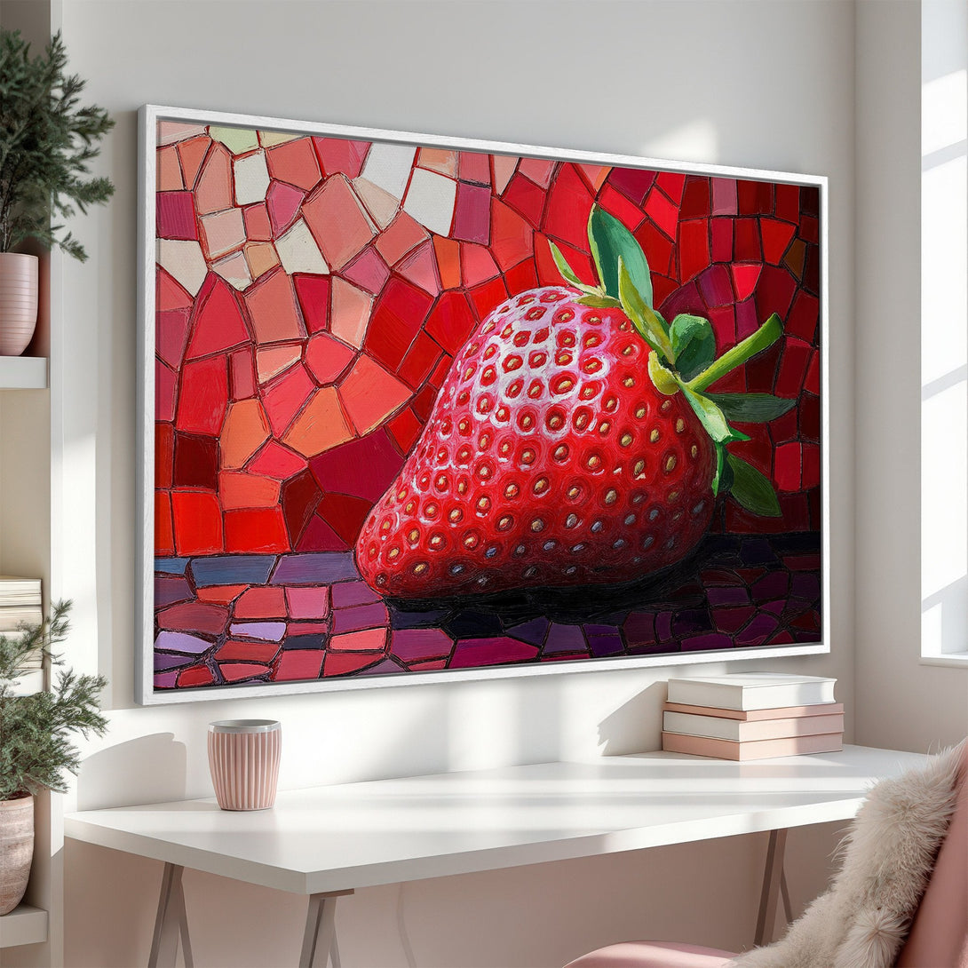 Framed Wall Art: Vibrant mosaic-style strawberry artwork in a red and pink color palette, perfect for kitchen or dining room decor.