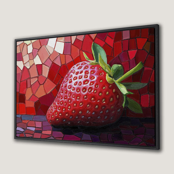 Framed Wall Art: Vibrant strawberry painting with mosaic background in red and pink hues. Perfect kitchen or dining room decor.