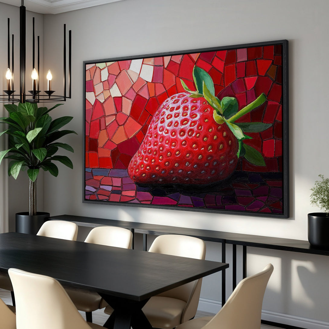Framed Wall Art: Stunning mosaic strawberry art in vibrant red hues. Add a pop of color and modern style to your dining room or kitchen!
