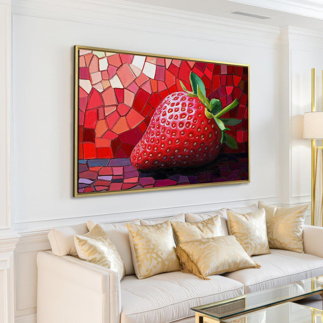 Canvas Print featuring a vibrant strawberry in a mosaic style, perfect for adding a pop of red to your living room. Modern art with a warm color palette.