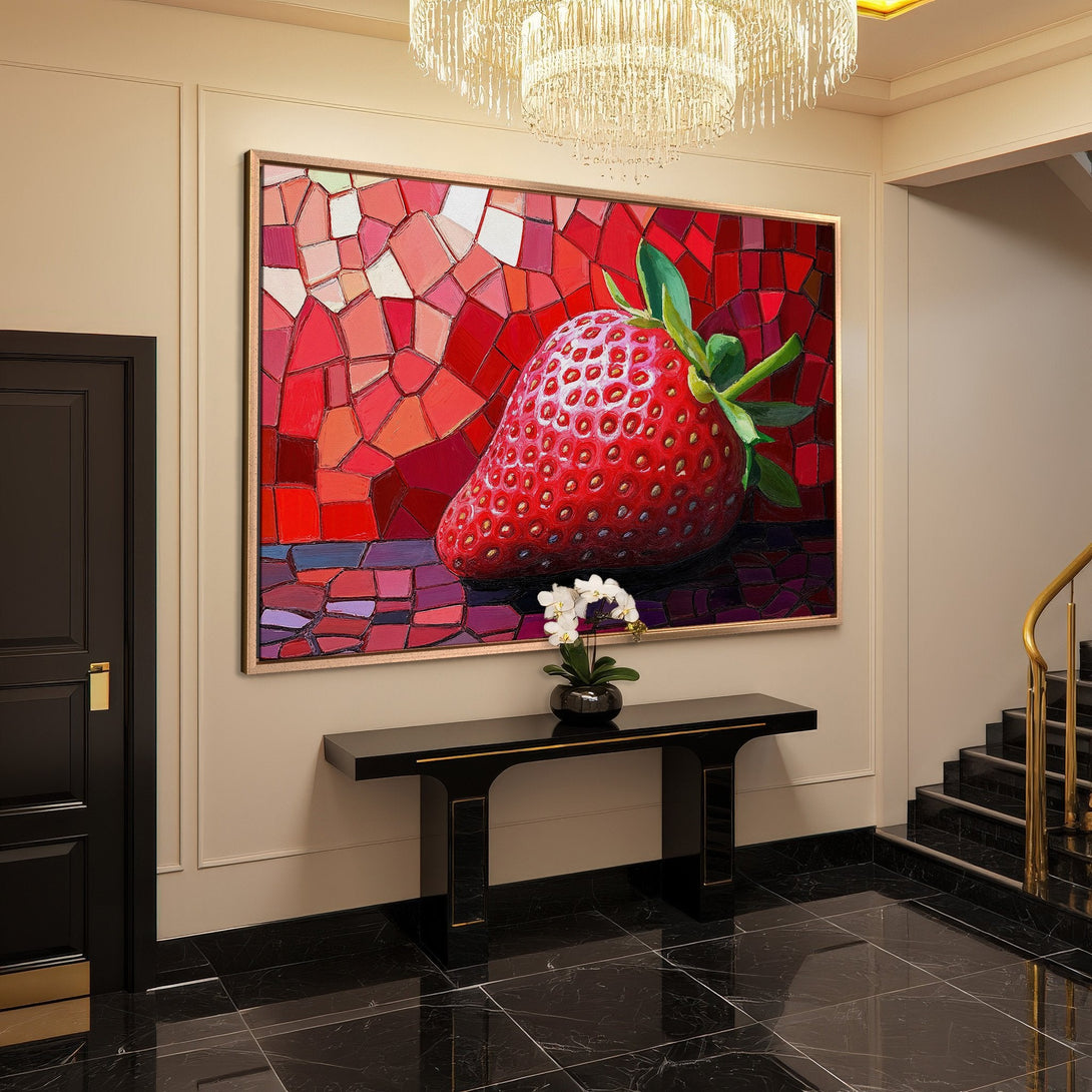 Framed Wall Art: Vibrant strawberry mosaic Canvas Print. Bold red & pink color palette adds a pop of art to any space. Elevate your home decor!