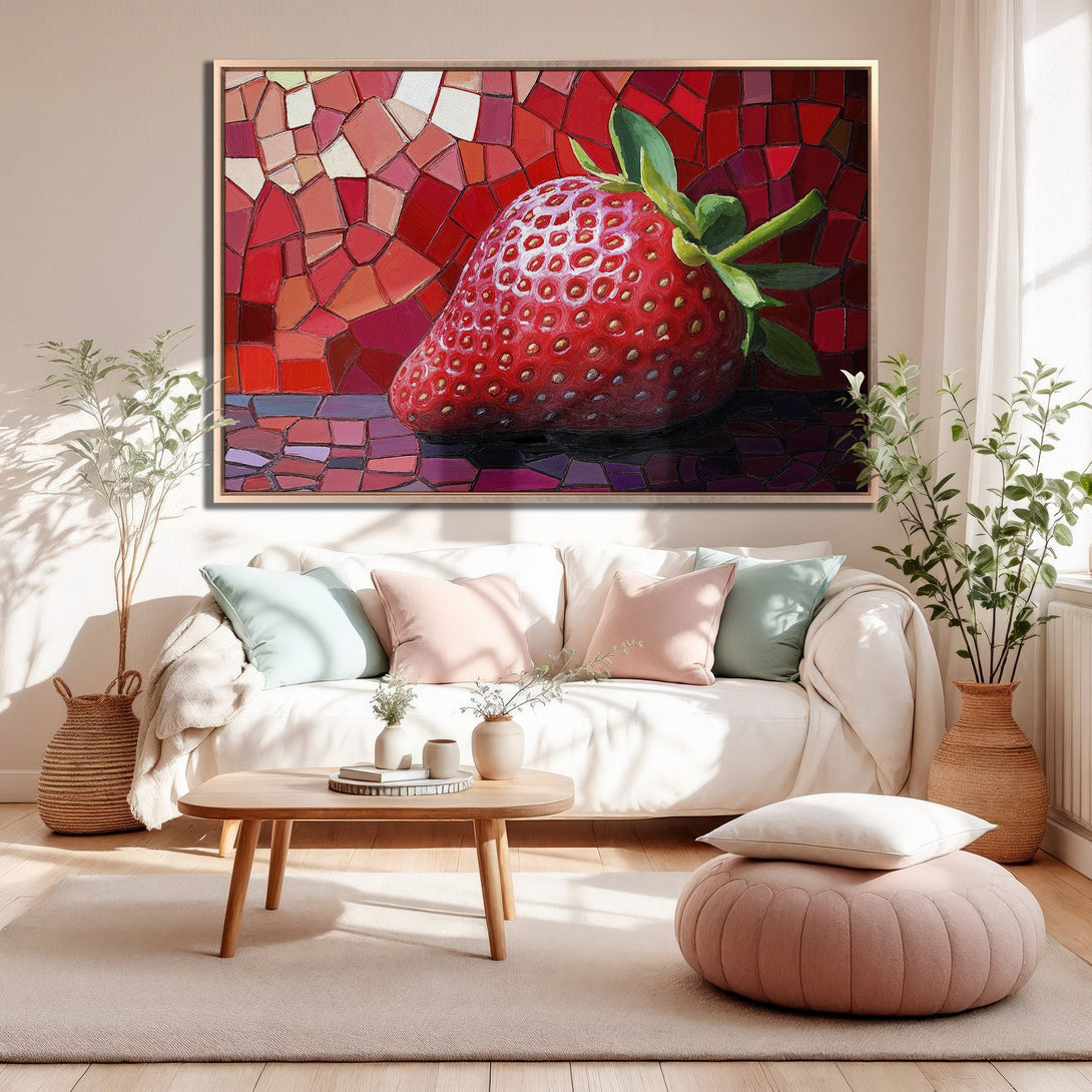 Framed Wall Art: Vibrant mosaic-style strawberry painting in a warm red and pink palette. Perfect kitchen or dining room decor, adding a pop of color!