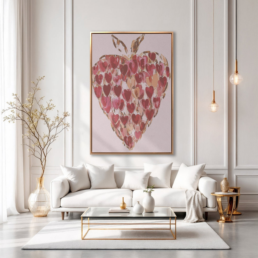 Framed Wall Art: Abstract heart art in warm red and gold tones. Modern style canvas print adds a touch of love to any room.