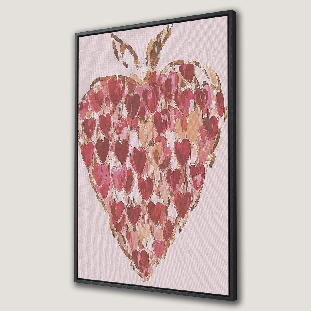 Framed Wall Art featuring a heart made of hearts in a warm, romantic palette of reds and pinks. Modern, abstract style perfect for any space.